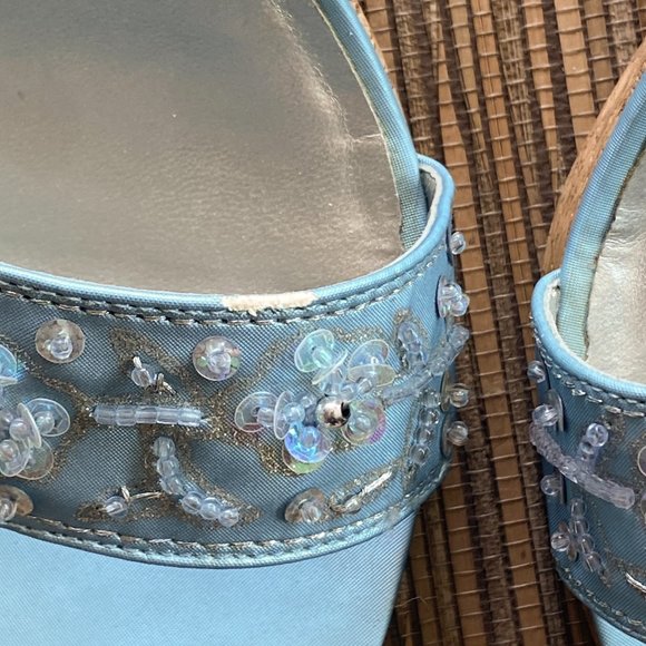 Fioni Baby Blue Satin Shoes with Embellishments & Cork-Wedge Sandals - Size 11W - Picture 8 of 10